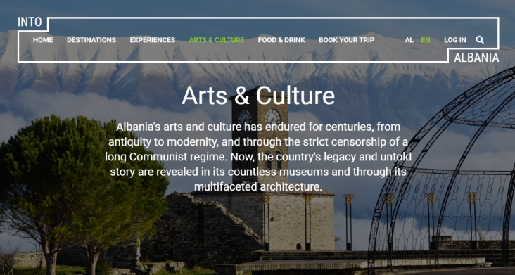 A view of the Arts and Culture page on the IntoAlbania.com website.