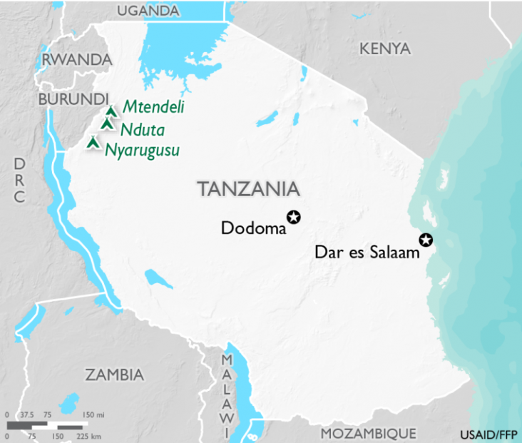 Map of Tanzania with refugee camps in Mtendeli, Nduta and Nyarugusu