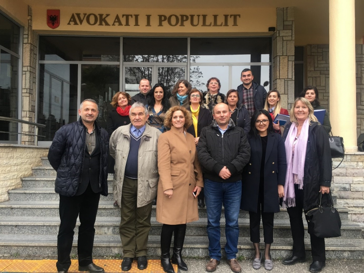 USAID project staff and representatives of Albania's Ombudsman office in front of the Office of the People's Advocate