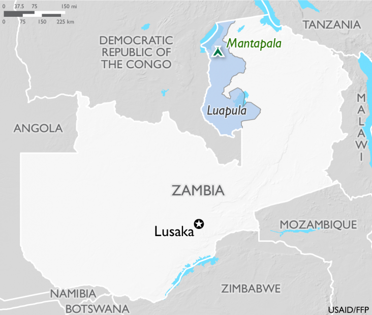 Map of Zambia showing the Mantapala refugee camp in Luapula