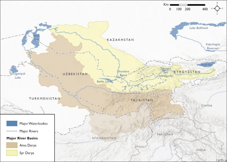 Map of major waterbodies and rivers in the Amu Darya and Syr Darya basins