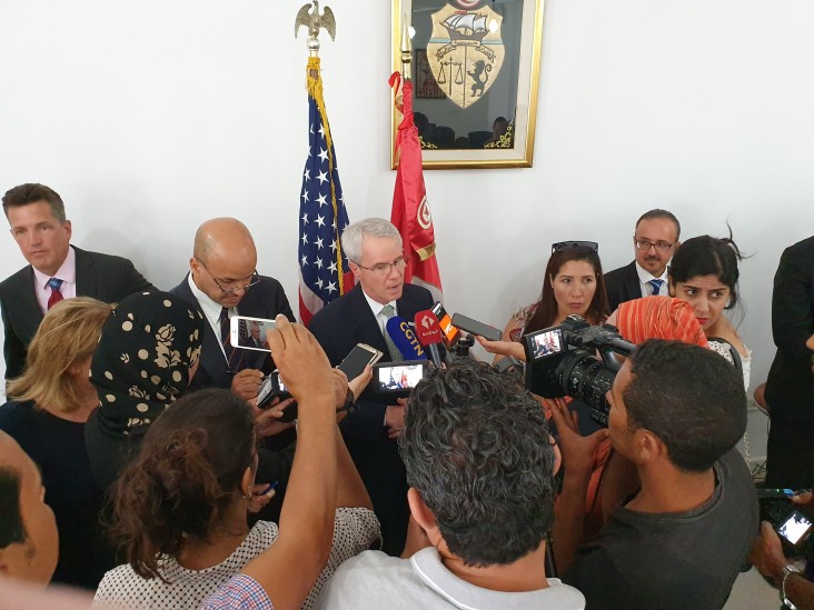 Middle East Bureau Assistant Administrator Mike Harvey speaks with local media after he announced USAID is upgrading its presence in Tunisia to a full-scale bilateral USAID Mission and the signature of a five-year Development Objective Agreement (DOAG) with the Government of Tunisia August 28, 2019. 
