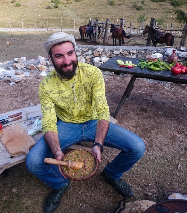 Aleksandar Donev prepares traditional pindzur, a type of relish, in the village of Galicnik.