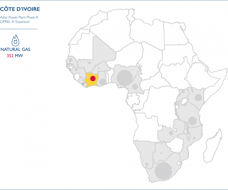 Map of Africa showing the Power Africa Transactions for Côte d’Ivoire: Natural Gas 352 MW