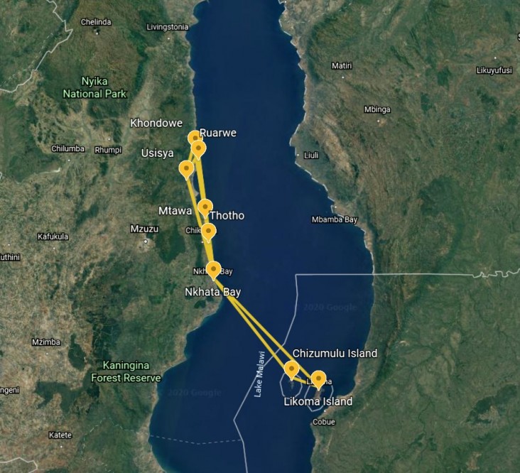 Drone flight paths showing collection and return routes around Lake Malawi. / Ryan Triche, GHSC-PSM