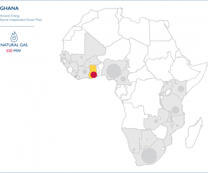 Map of Africa showing the Power Africa Transactions for Ghana: Natural Gas 550 MW