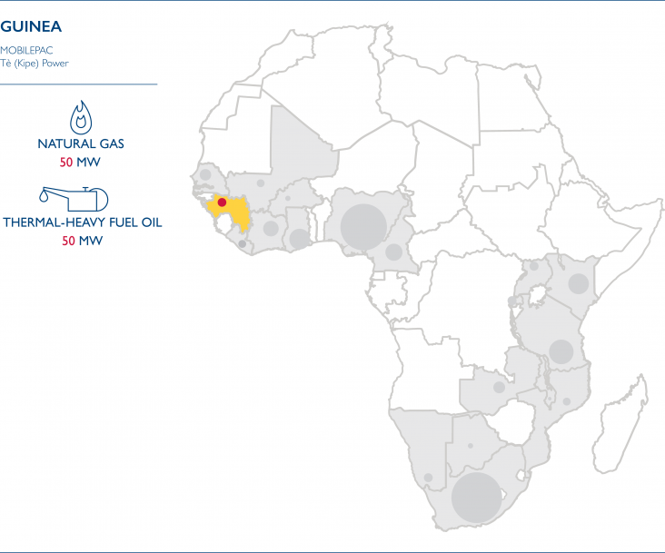 Map of Africa showing the Power Africa Transactions for Guinea: Natural Gas 50 MW, Thermal-Heavy Fuel Oil 50 MW