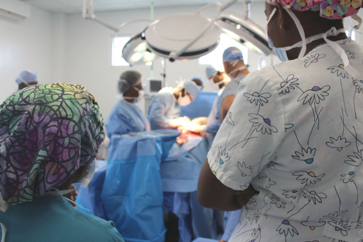 Doctors consult during surgery in the new state-of-the-art operating room at St. Boniface Hospital.
