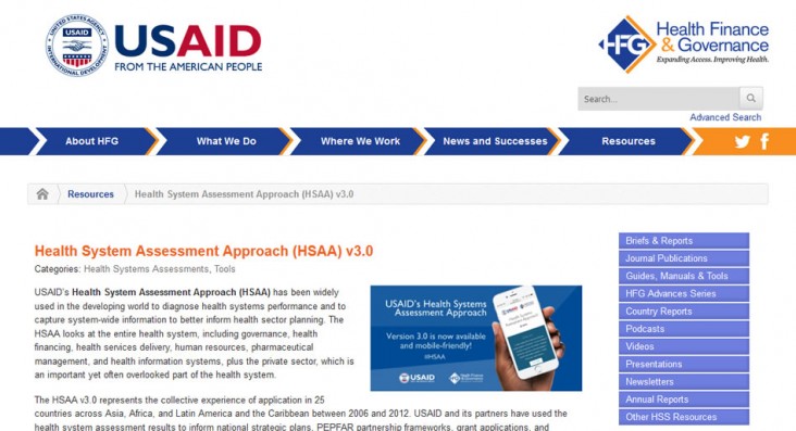 Screenshot of the Health Systems Assessment Approach website.
