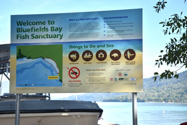 A sign at the entrance of the Bluefields Bay Fish Sanctuary located in Westmoreland, Jamaica