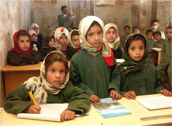 School girls in Sana’a, Yemen, gather for their lesson.