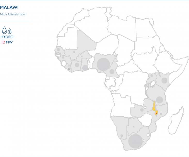 Map of Africa showing the Power Africa Transactions for Malawi: Hydro 12 MW
