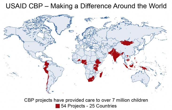 Map of the world. USAID CBP - Making a difference around the world. CBP project have provided care to over 7 million children. 54 projects in 25 countries.
