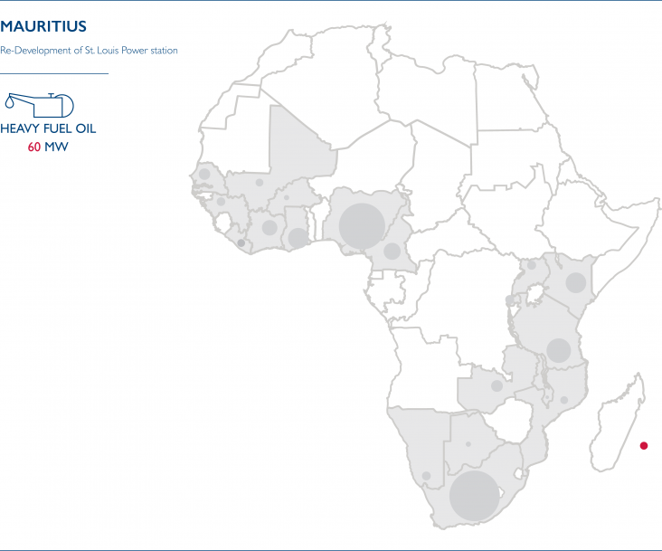 Map of Africa showing the Power Africa Transactions for Mauritius: Heavy Fuel Oil 60 MW