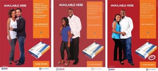 Point-of-sale (POS) country-specific posters from a CSI advertising campaign show couples to underscore how voluntary family planning is not just the woman’s responsibility.