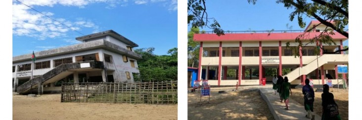 These photos represent the condition of the Khandaker multipurpose cyclone shelter before and after the USAID-funded rehabilitation.