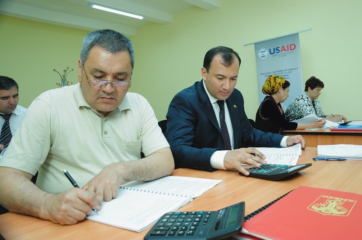Men participate in a business seminar conducted by the USAID Macroeconomic Project in Turkmenistan