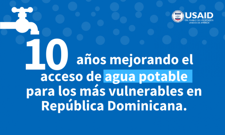 Gráfico con un grifo y una frase que dice "Diez años mejorando el acceso a agua, saneamiento e higiene en la República Dominicana"