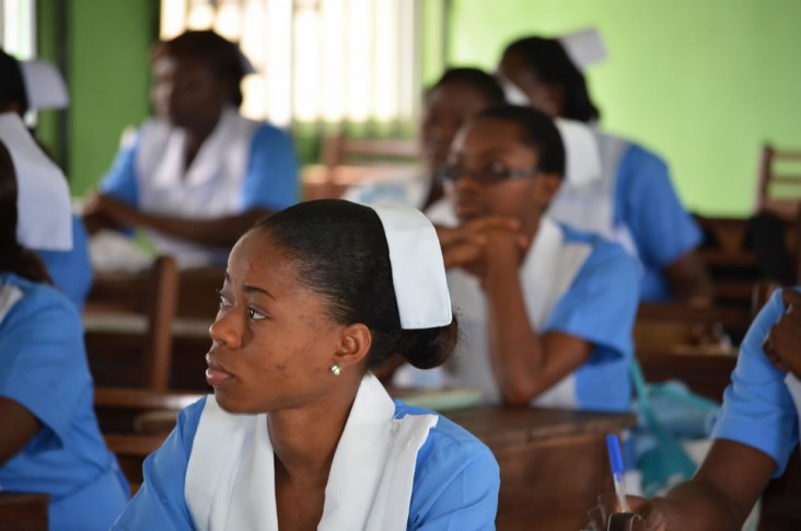 Midwifery students listen to a lecture at the School of Midwifery, Asaba, Delta State, Nigeria. 