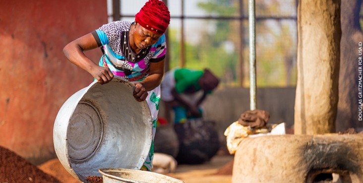 USAID and the Global Shea Alliance are helping link millions of rural people—mostly women—across West Africa to the global marketplace. The shea butter is used in cosmetics and other products for sale across the world, including the United States. (Douglas Gritzmacher for USAID)