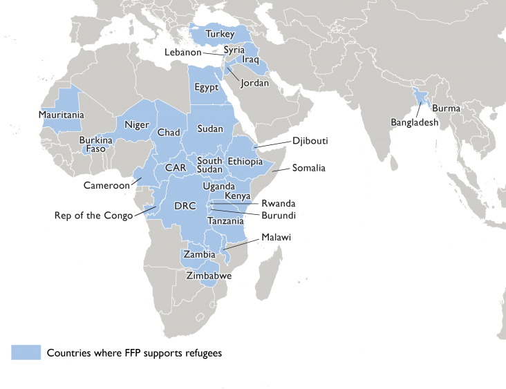 Map of Food Assistance for Refugees in Fiscal Year 2018. Countries where FFP supports refugees Mauritania, Burkina Faso, Niger, Chad, Sudan, Cameroon, CAR, ROC, DRC, South Sudan, Kenya, Tanzania, Zambia, Zimbabwe, Malawi, Rwanda, Burundi, Somalia, Djibouti, Uganda, Ethiopia, Egypt, Turkey, Iraq, Lebanon