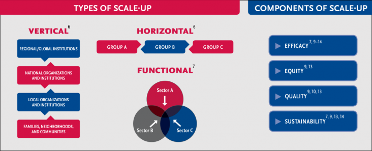Graphic showing types of scale-up (vertical, horizontal and functional) and components of scale up (efficacy, equity, quality...