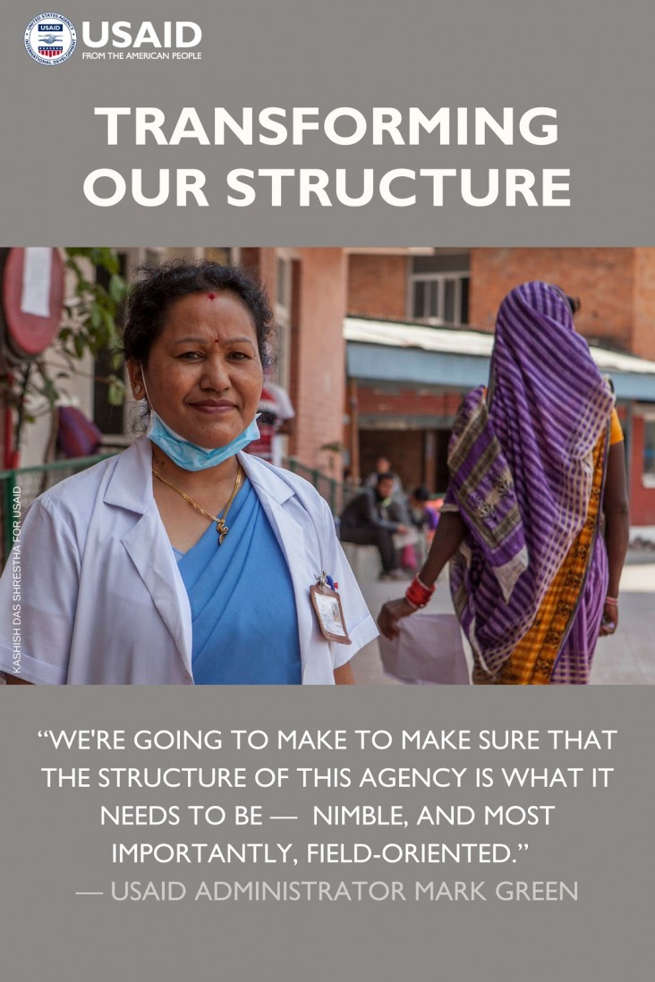 Photo of a woman medical professional with text Transforming Our Structure Photo of a woman medical professional with text Transforming Our Structure