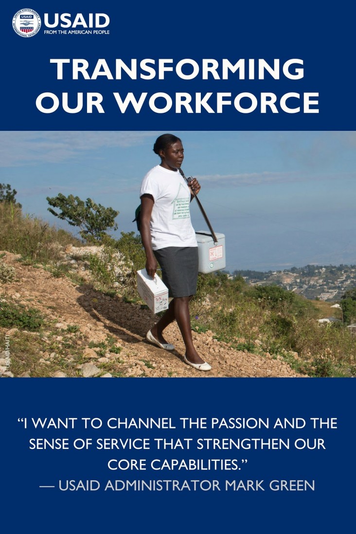 Photo of a woman walking along a dirt path with text Transforming Our Workforce