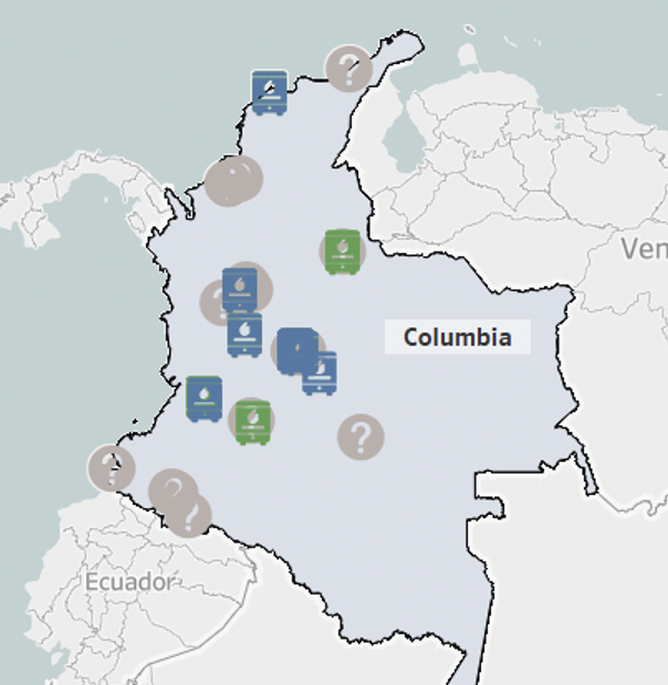 Waste Treatment Locator Map of Colombia. Sample points on map represent the locations of waste treatment centers. Shows neighboring countries of Ecuador and Venezuela.