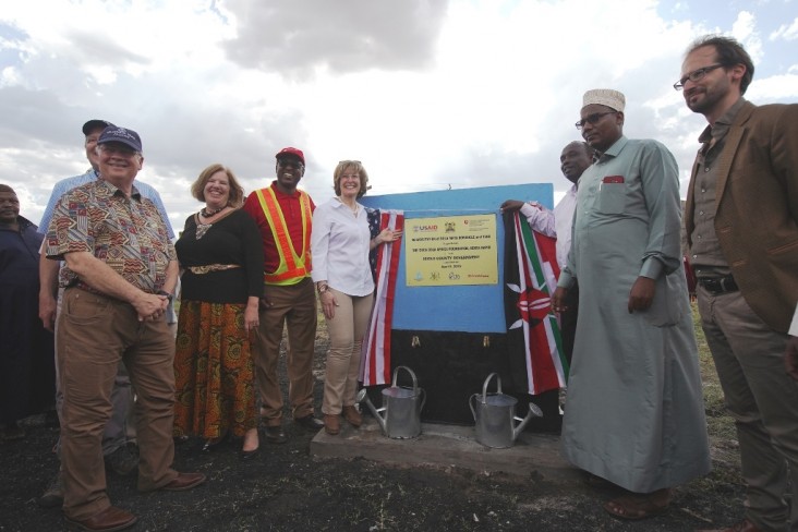 USAID Deputy Administrator Bonnie Glick (in white shirt) commissions the Bula Mpya borehole in Isiolo County. This is the first of five scalable water innovations that the United States is supporting through Kenya Resilient Arid Lands Partnership for Integrated Development.