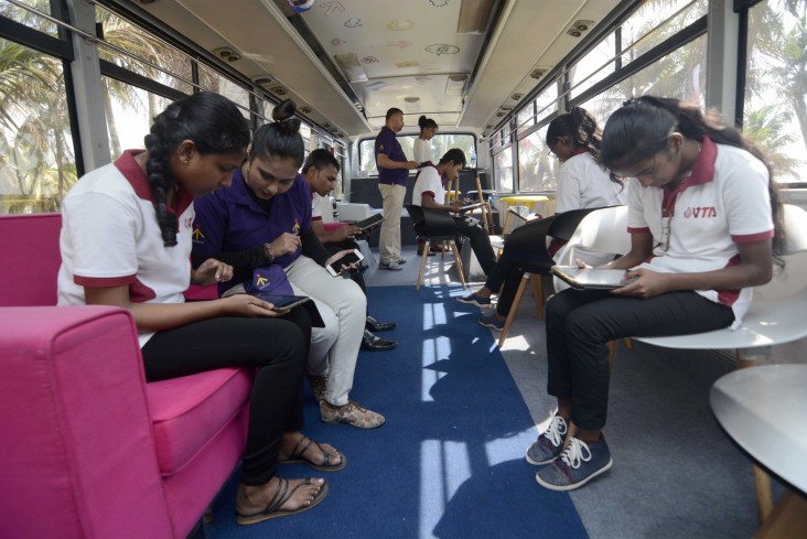Students inside the career bus