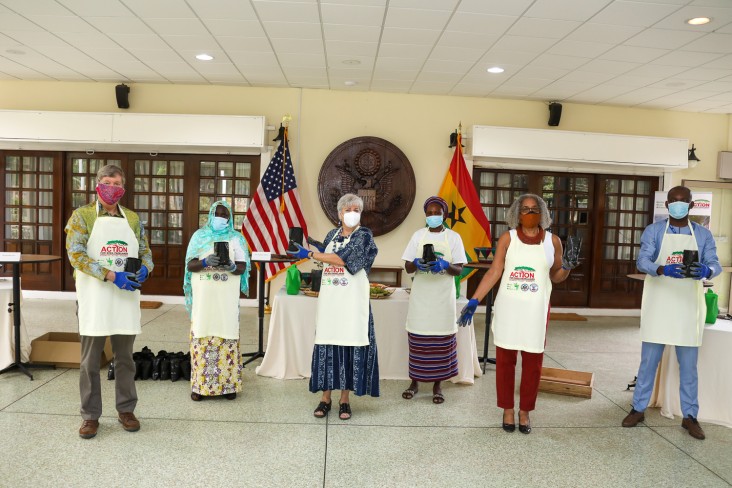The participants in the shea seed planting demonstration. From left to right: Matt Anderson - Regional Economic Growth Office Director for USAID/West Africa, Madam Afishetu Mahamadu from Tungteiya Women's  Cooperative, Ambassador Stephanie Sullivan, Madam Peter Bamunu from Gizaa Gunda Women's Cooperative, Ms Sharon Cromer - Mission Director for USAID/Ghana and Mr. Kwame Wiafe of Wilmar Ghana. 