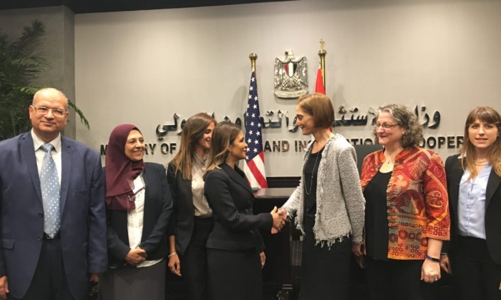 USAID/Egypt Mission Director Sherry F. Carlin and Minister of Investment and International Cooperation Dr. Sahar Nasr shake hands after signing a $13.8 million bilateral assistance agreement in water sector support.