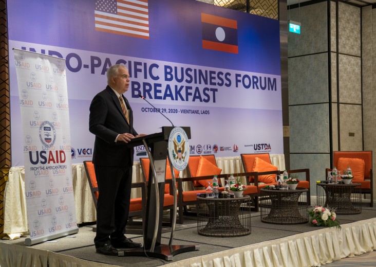 U.S. Ambassador to the Lao PDR Dr. Peter M. Haymond Delivers Opening Remarks at the Indo-Pacific Business Forum in Vientiane Capital.
