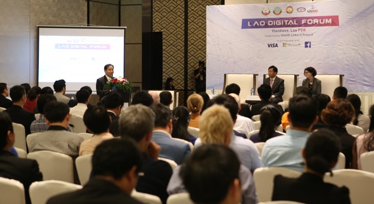 U.S. Ambassador Rena Bitter (seated on stage, first from the right) and Lao Officials open the first-ever Lao Digital Forum in Vientiane on January 26, 2018.