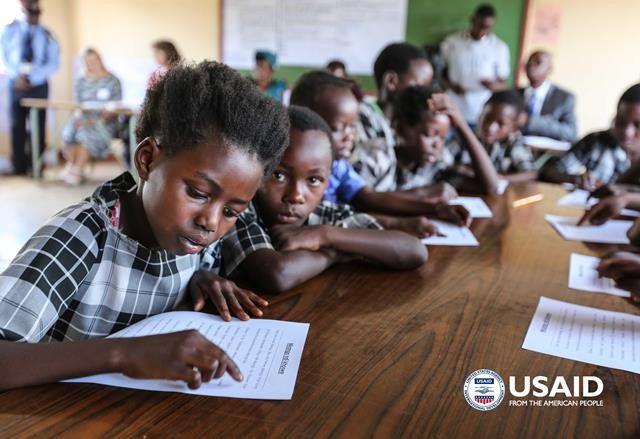 Students reading in class at Kasupe Primary School in Chipata during the official launch of the USAID Let's Read Program.