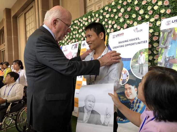 Photo: U.S. Senator Patrick Leahy and a person with disabilities at the event.