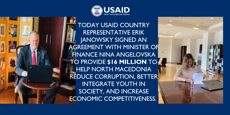 USAID Coungtry Representative Erik Janowsky and Minister of Finance Nina Angelovska sign the DOAG Agreement 