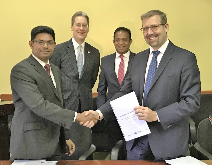 USAID, YouLead, and Microsoft launch YouthWorks. From left to right, Hasitha Abeywardana, Microsoft Country Manager; Robert Hilton, U.S. Embassy Deputy Chief of Mission; Charles Conconi, USAID Youlead Project Director; Chandima Weerakkody, Minister for Skills Development and Vocational Training 