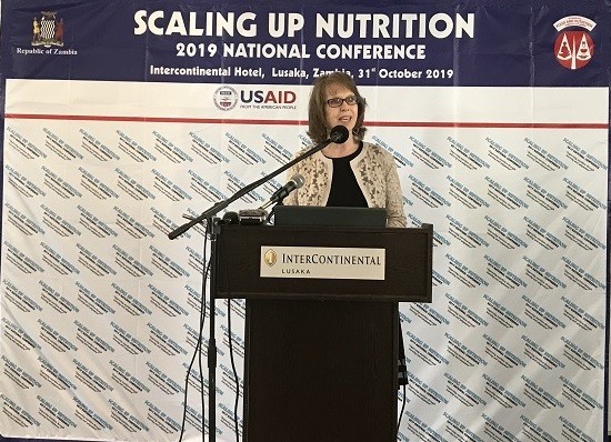 USAID/Zambia Director, Sheryl Stumbras, gives remarks at the first SUN Learning Conference in Lusaka, Zambia