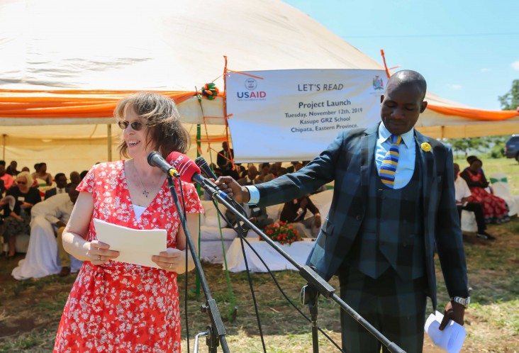 USAID/Zambia Director, Sheryl Stumbras, gives remarks at the official launch of the USAID Let's Read project.