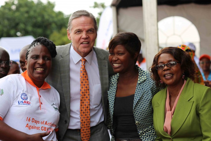 U.S. Ambassador to Zambia, Daniel L. Foote, (second from left) poses with Minister of Gender, Honorable Elizabeth Phiri, GBV Survivor, Chipasha, and Head Teacher of Prince Takamado Basic School, Mrs. Emma Chimimba Chola, after the Launch of the 16 Days of Activism Against GBV campaign