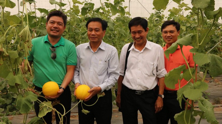 Chairman of Dong Thap province Nguyen Van Duong (second left) visits a melon farm of Ecofarm