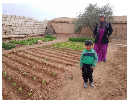 A woman and her young son stand alongside a small home vegetable garden.