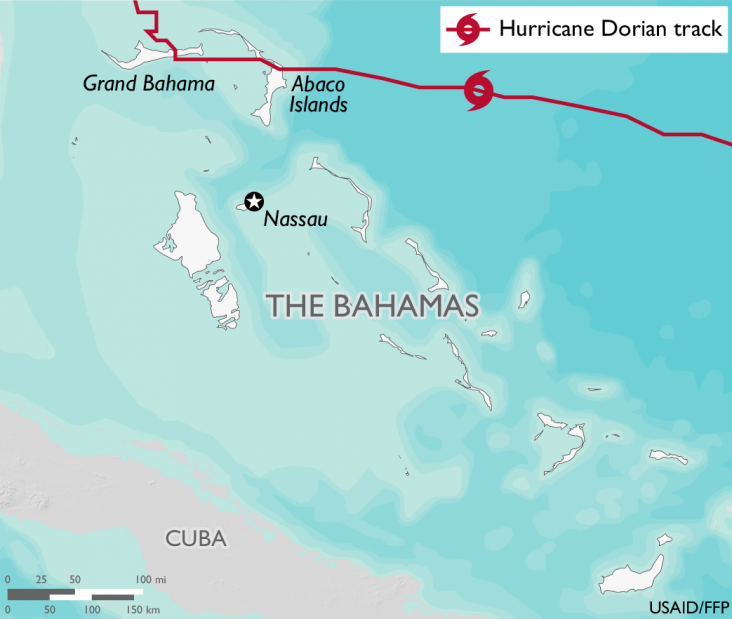 Map of the Bahamas, which includes a graphic representation of Hurricane Dorian's path