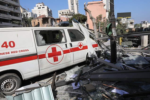An emergency command vehicle of the Lebanese Red Cross is pictured in the aftermath of the August 5 blast that tore through Lebanon's capital
