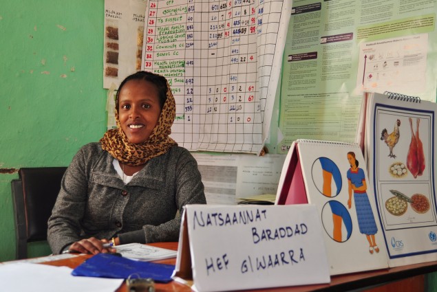 Natsaannat, a health extension worker in Ethiopia, provides family planning antenatal, child health, and nutrition services in Wara Village.