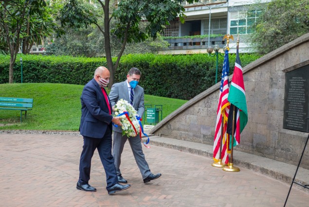 While visiting the August 7 Memorial Garden, USAID Acting Administrator Barsa and U.S. Ambassador McCarter pay their respects to the lives lost. 