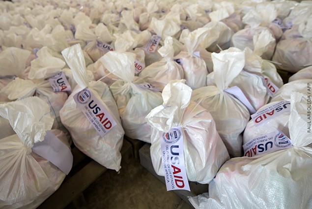 View of bags with US humanitarian aid goods in Cucuta, Colombia, on the border with Tachira, Venezuela