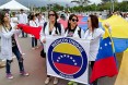 Venezuelan doctors protest against the government of President Nicolas Maduro at the Tienditas International Bridge, which is blocked by the Venezuelan military